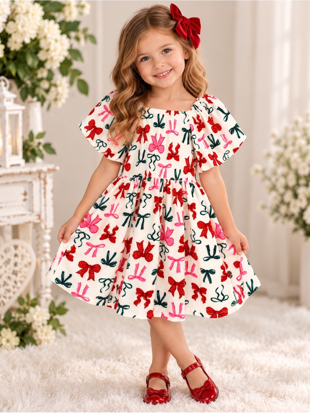Young Hearts Girls Size 4 Bow Print Velvet Holiday Dress + Red Hair Bow